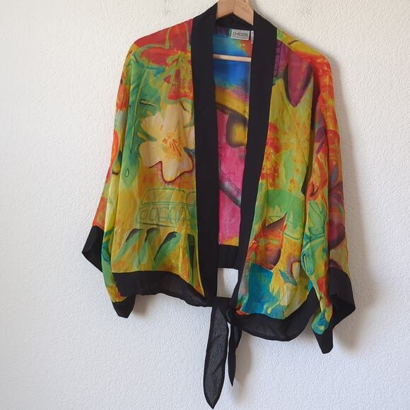 Chico's 1 S-XL Oversize Colorful 100% Silk Tropical Art-to-Wear Kimono Jacket - Picture 4 of 6